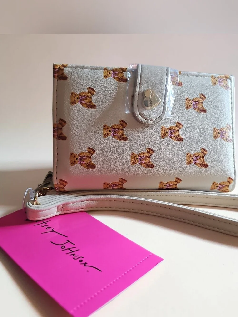 Betsey Johnson White Teddy Bear Print Kids Wristlet Crossbody Wallet